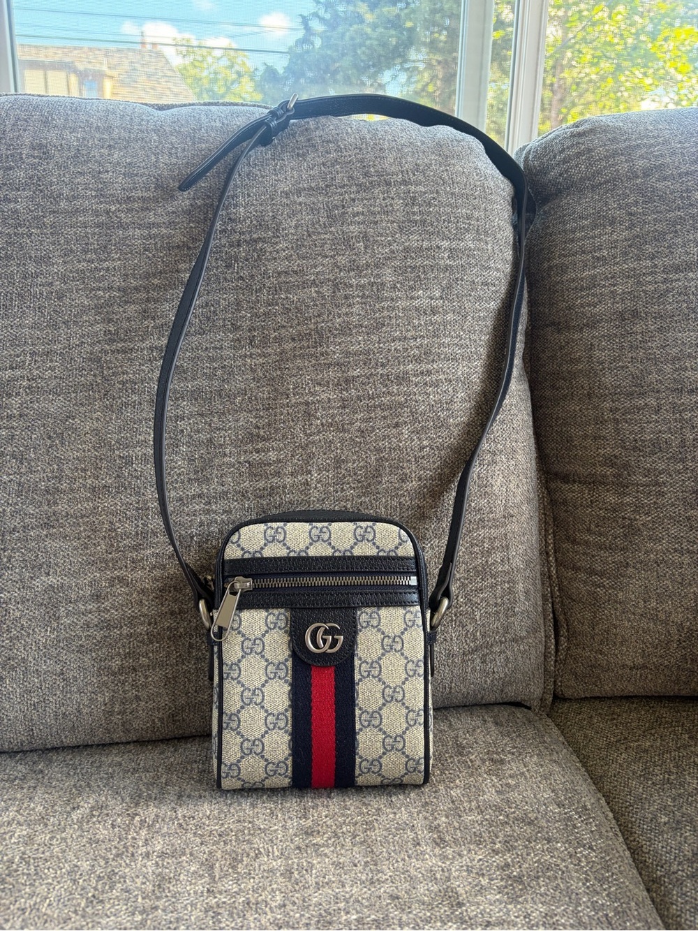 Blue/Beige GG Canvas Small Crossbody Bag with Web Stripe